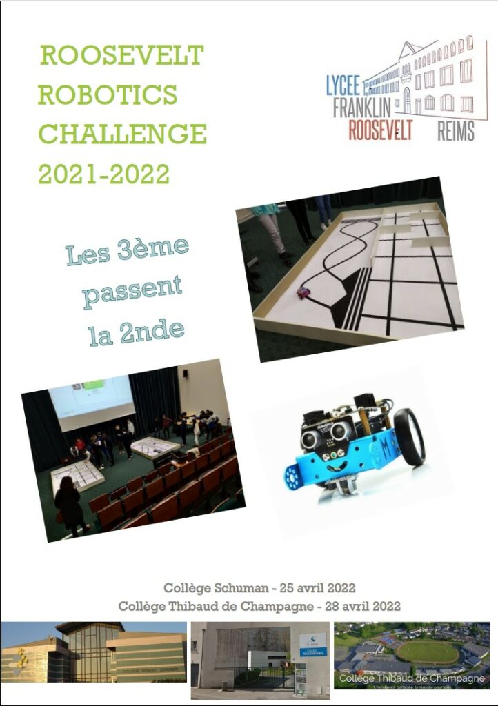 Affiche du Roosevelt Robotics Challenge 2021-2022, avec le collège Schuman le 25 avril 2022 et le collège Thibaud de Champagne le 28 avril 2022